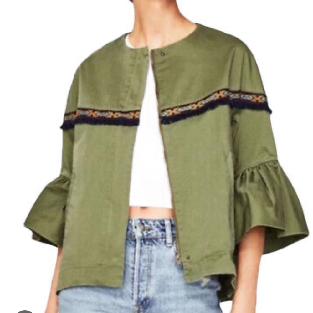 ZARA Aztec Embroidered Fringe Boho Bell Sleeve military green jacket